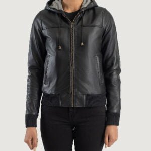 Rebella Black Hooded Leather Bomber Jacket