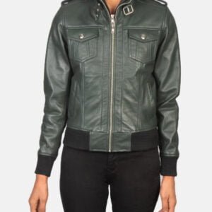 Roslyn Green Hooded Leather Bomber Jacket
