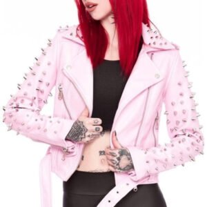 Women's Pink Vegan Studded Leather Jacket