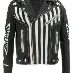 Mens American Flag Print Designer Black Leather Jacket